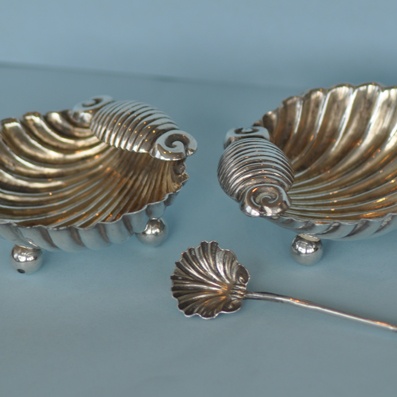 Two Silver Scalloped Salt Dishes & Spoon.