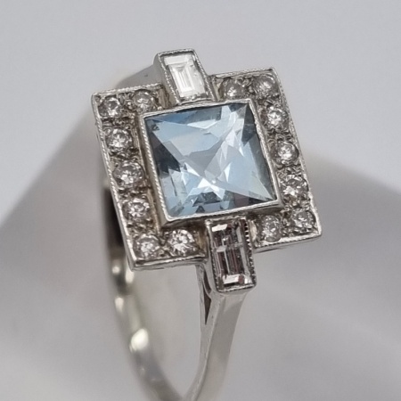 Square Platinum Aquamarine Diamond Ring