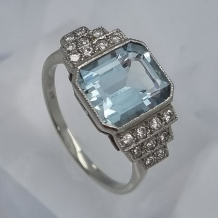 Art Deco Inspired Ring Aquamarine and Diamond 
