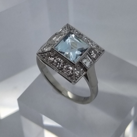 Platinum Aquamarine Diamond Square Ring