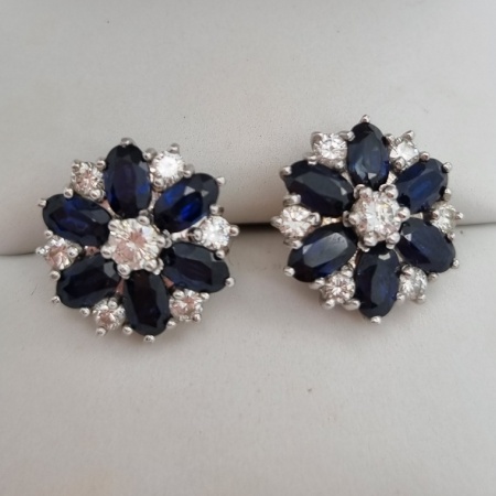 Sapphire Diamond  Cluster Stud Earrings 