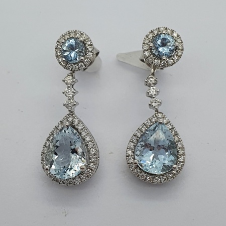 18ct WG Aquamarine Diamond Stud + Drop Earrings