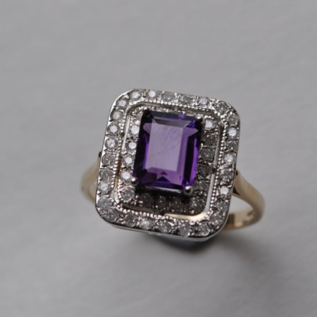  Square Amethyst and Diamond Ring