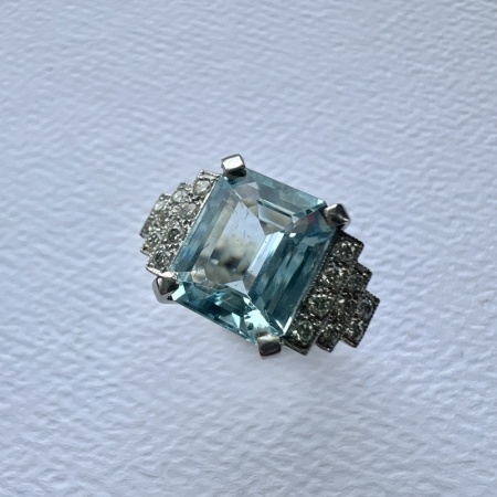 Emerald Cut Aquamarine and Diamond Art Deco 