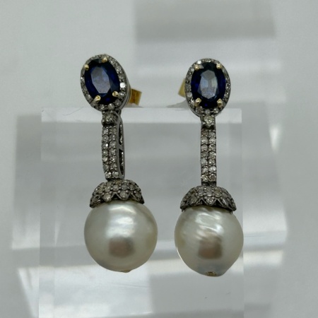 Sapphire, Diamond and Baroque Pearl drops.