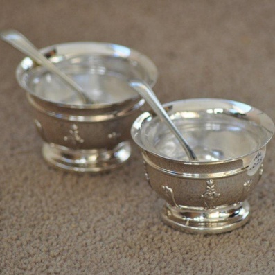 Pair of Silver Salt Dishes with Glass Inserts
